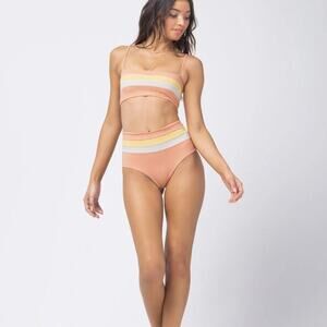 L*SPACE Rebel Stripe Bandeau Bikini Top Tangy Lemon Drop Cream XS NEW